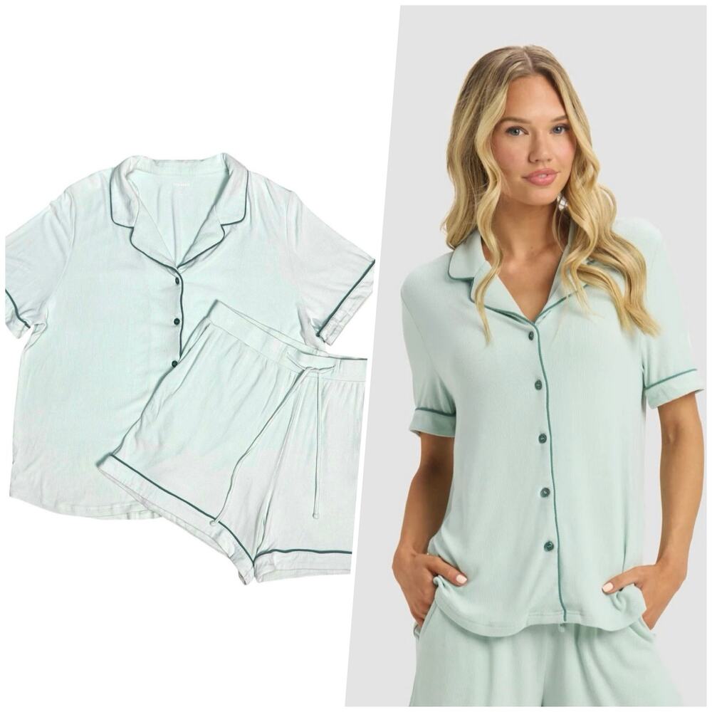 Cozy Earth | Women | Bamboo Mint Stretch Rib Knit Classic Sleep Pajama Set | XL